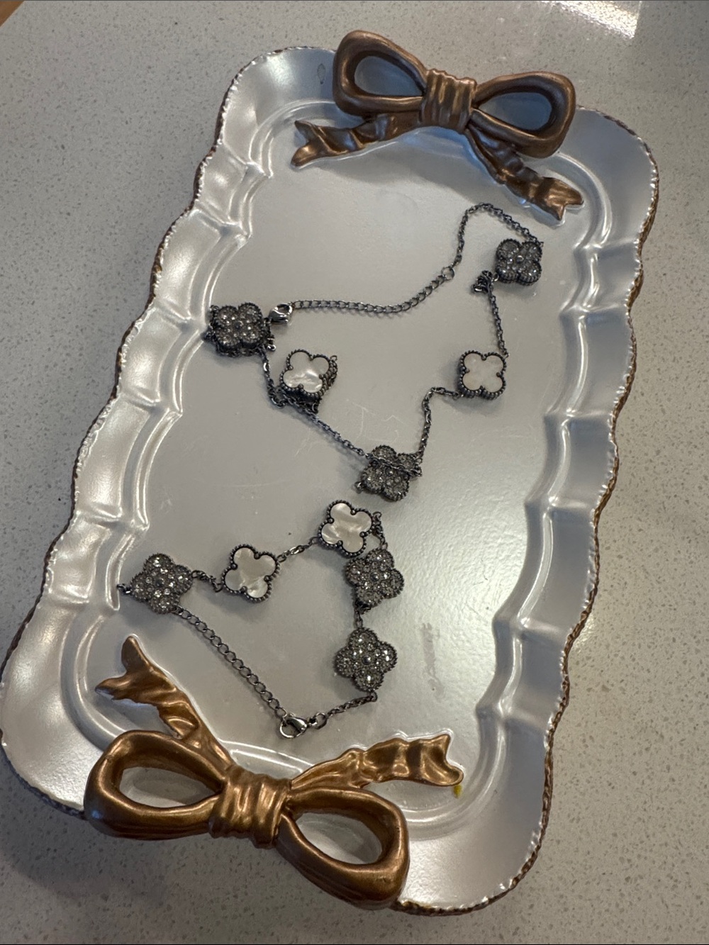 Women’s Silver Clover Necklace and Bracelet Set with White Accents